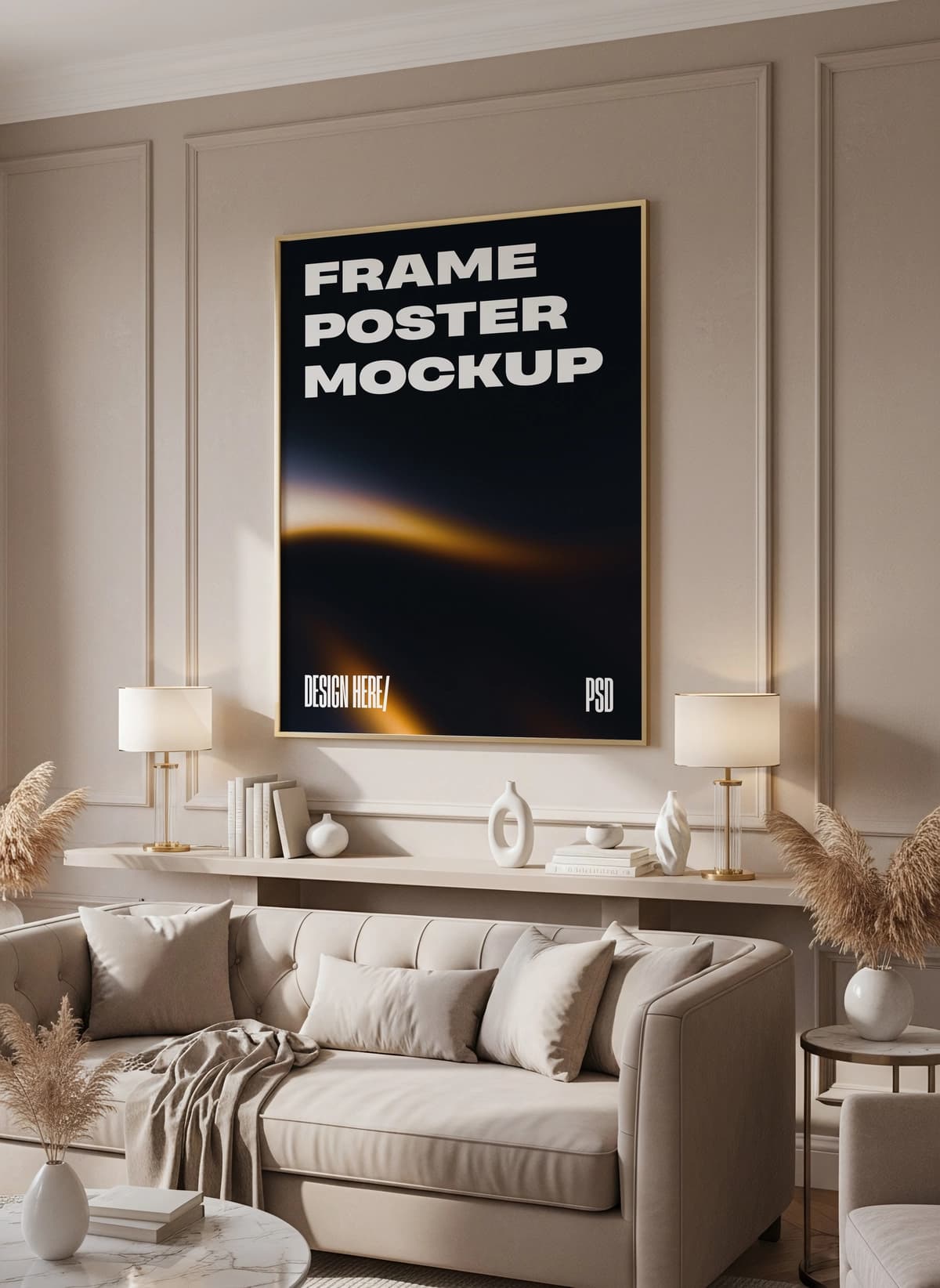 Vertikal plakat ramkasining zamonaviy yashash xonasi ichki qismining maketi | Vertical poster frame mockup modern living room interior