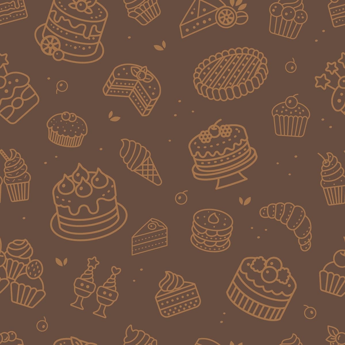 Choksiz naqshli tortlar qandolat mahsulotlari jigarrang fon vektor tasviri | Seamless pattern cakes pastries brown background vector illustration