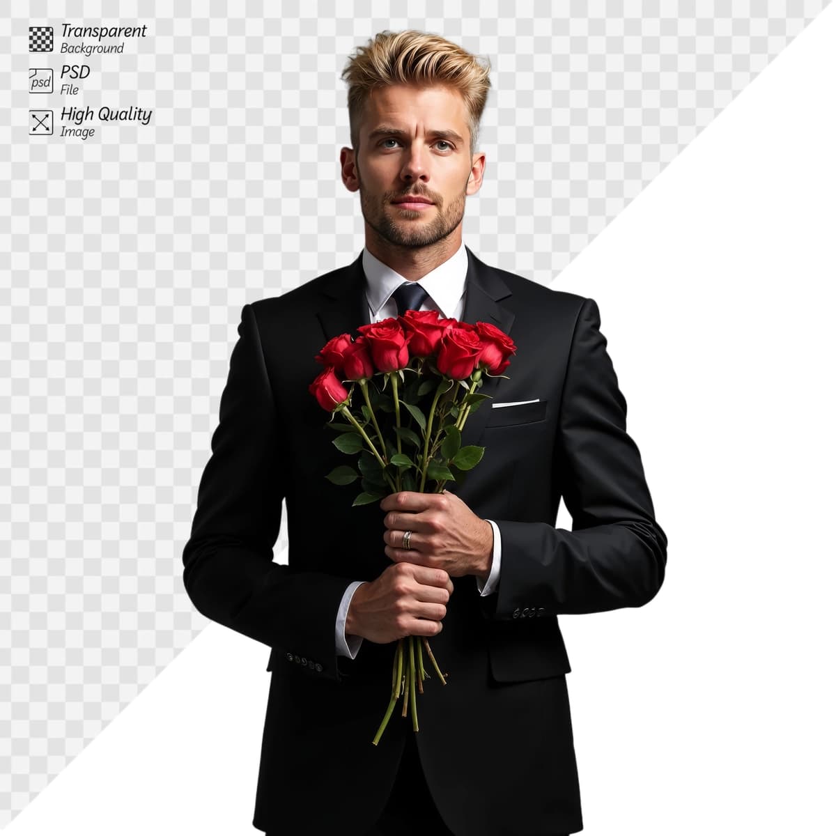 Jiddiy ifoda bilan guldasta qizil atirgul tutgan qora kostyum | Man black suit holding bouquet red roses with serious expression