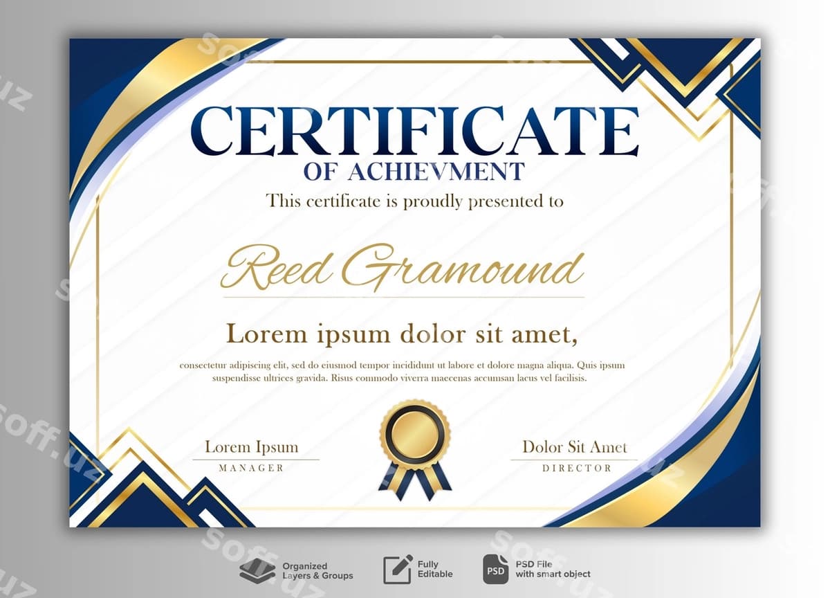 Chiroyli ko'k sertifikat shabloni | Elegant blue certificate template