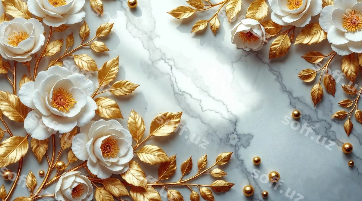 Nafis oq atirgullar oltin barglari marmar | Elegant white roses gold foliage marble