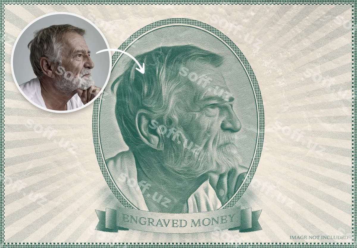 Oynatilgan bank iosebi fotosurat effekti namunasi | Engraved bank note photo effect mockup