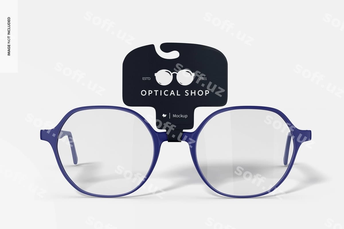 Etiketkali ko'z qo'lliqi namunasi old tomonga ko'rinish | Eyeglasses with tag mockup front view