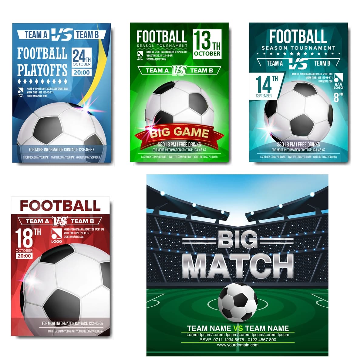 Futbol futbol o'yini flayeri turniri vektor to'plami | Football soccer match flyer poster tournament vector set