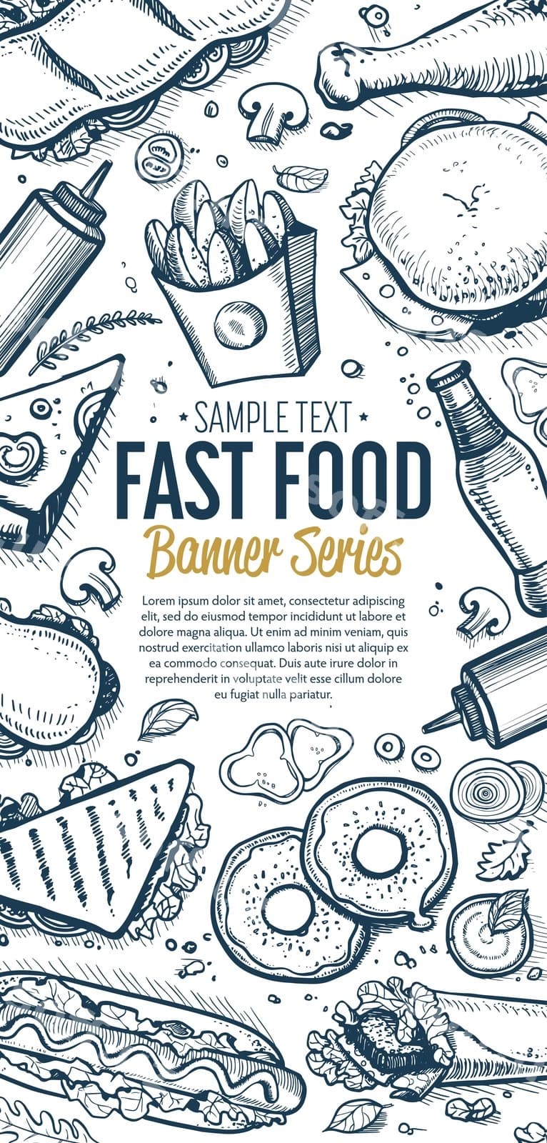 Fast tamaddi qilishga vertikal banner menyusi chiziladi | Fast food doodles vertical banner menu