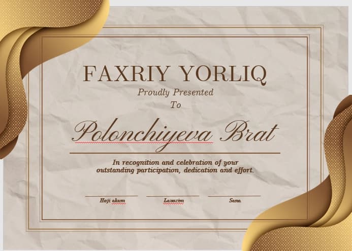 Faxriy yorliq shablon tayyori andoza