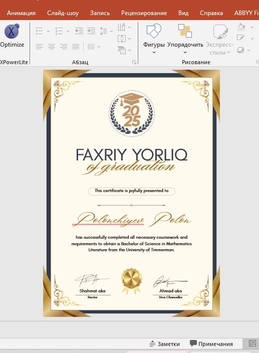 Faxriy yorliq shablon tayyori andoza