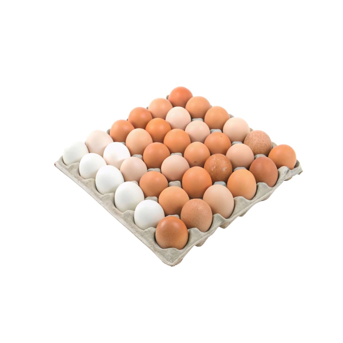 Jigarrang tovuq tuxumlari karton tuxum tepsisi xonalari bilan o'ttiz tuxum izolyatsiya qilingan | Brown chicken eggs cardboard egg tray with rooms thirty eggs isolated