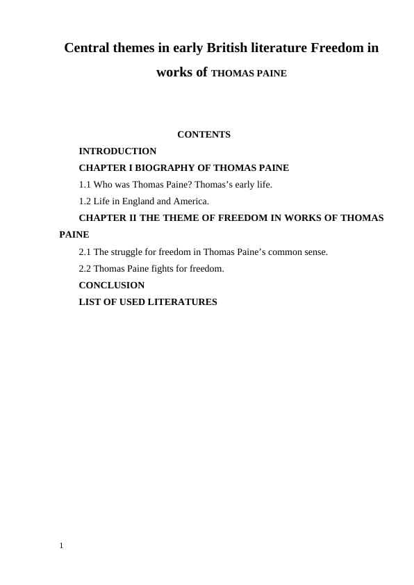 Central themes in early British literature Freedom in works of THOMAS PAINE