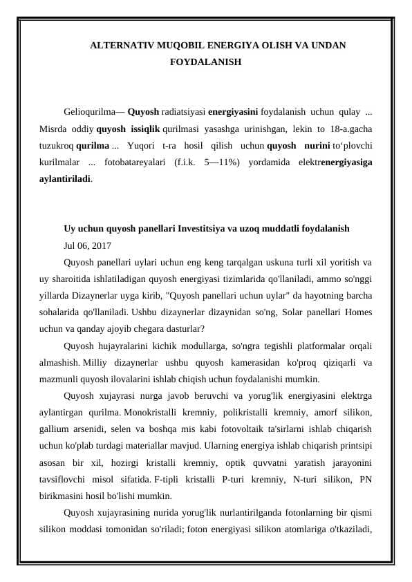 Alternativ Muqobil energiya olish va undan foydalanish