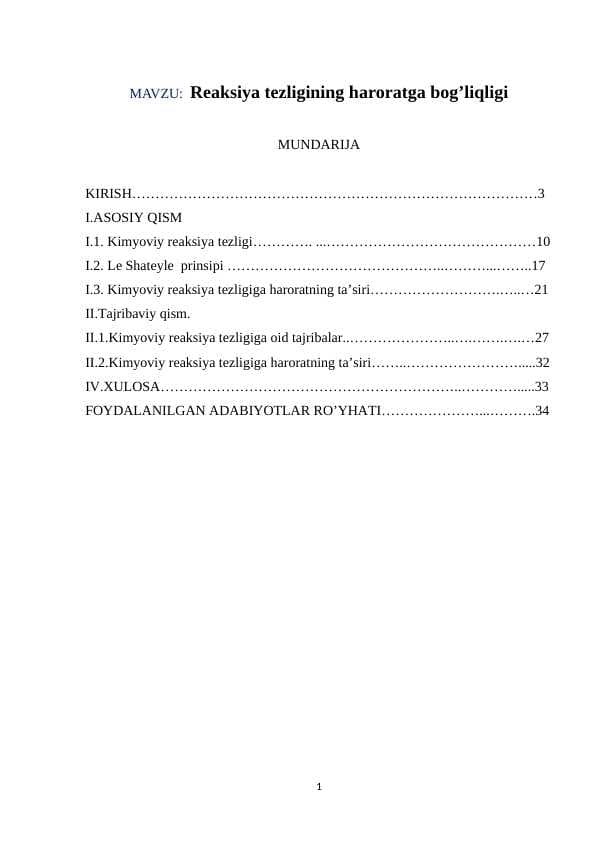 Reaksiya tezligining haroratga bog’liqligi kurs ishi