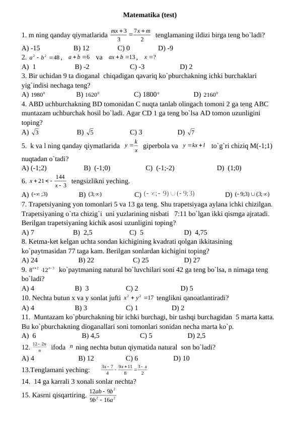 matematika 9-sinf test