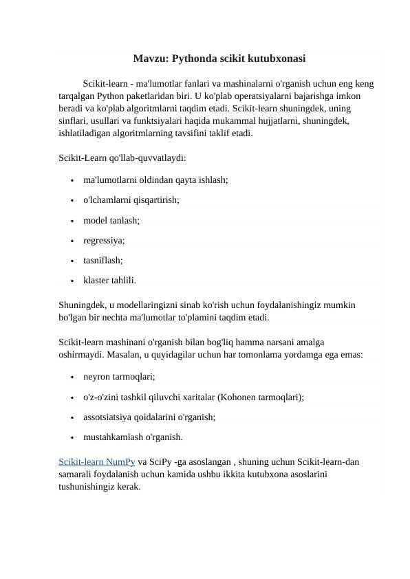 Pythonda scikit kutubxonasi