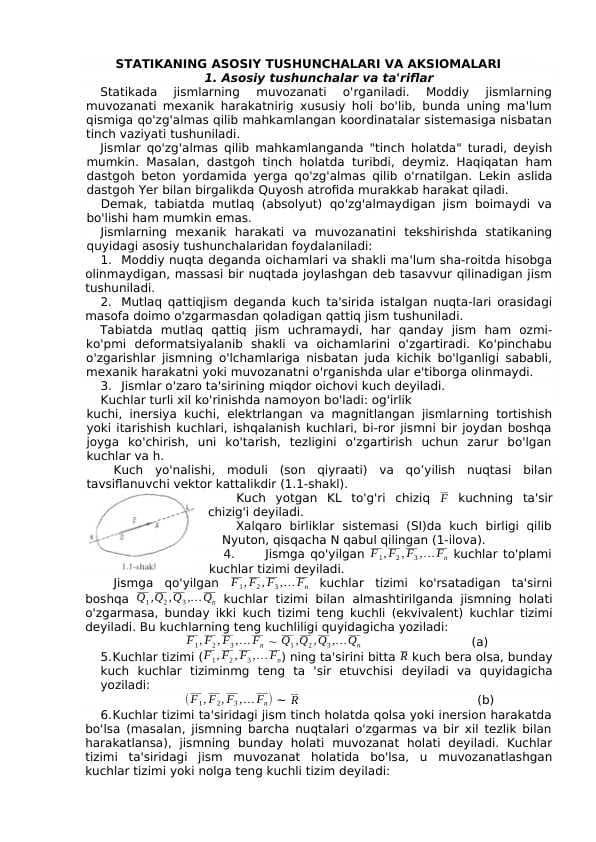 STATIKANING ASOSIY TUSHUNCHALARI VA AKSIOMALARI