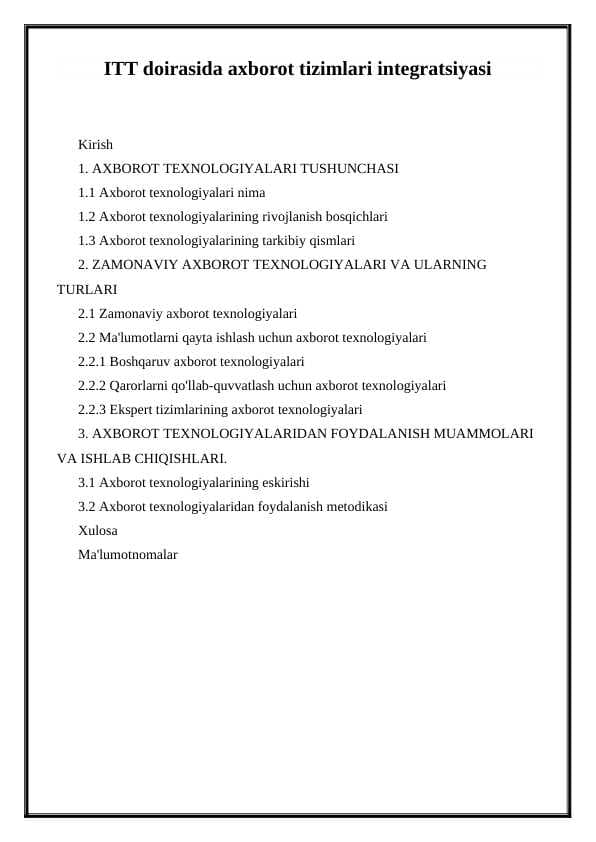 ITT doirasida axborot tizimlari integratsiyasi