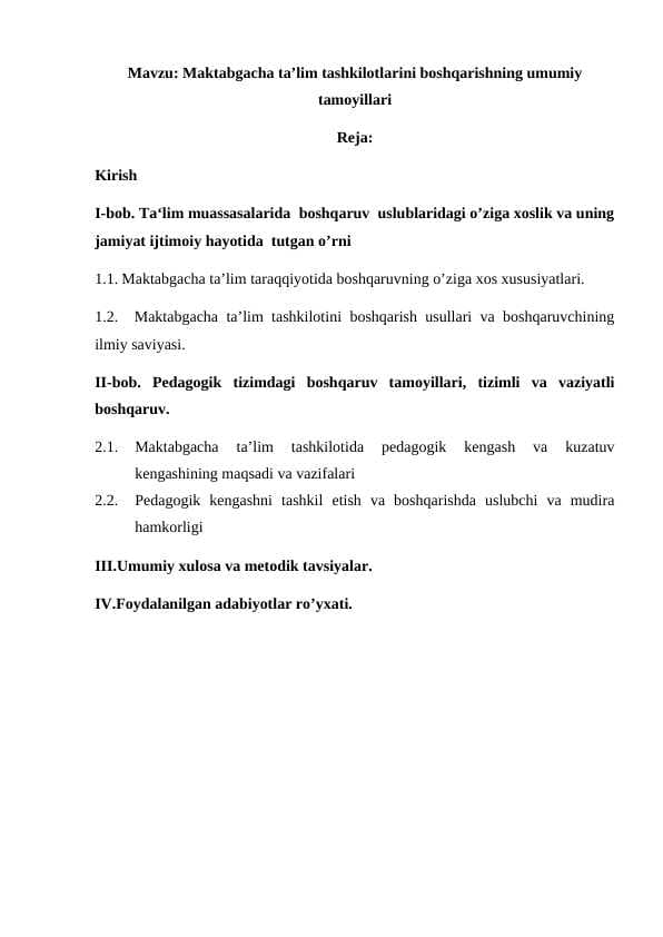 Maktabgacha ta’lim tashkilotlarini boshqarishning umumiy tamoyillari