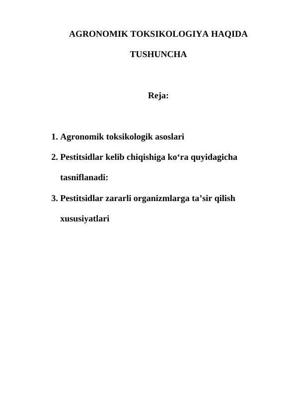 AGRONOMIK TOKSIKOLOGIYA HAQIDA TUSHUNCHA