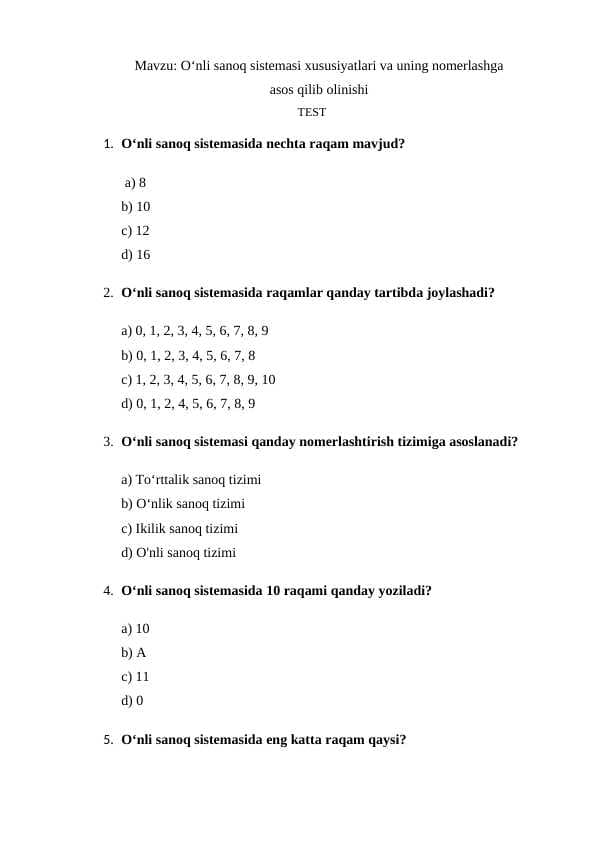 O‘nli sanoq sistemasi xususiyatlari va uning nomerlashga TEST