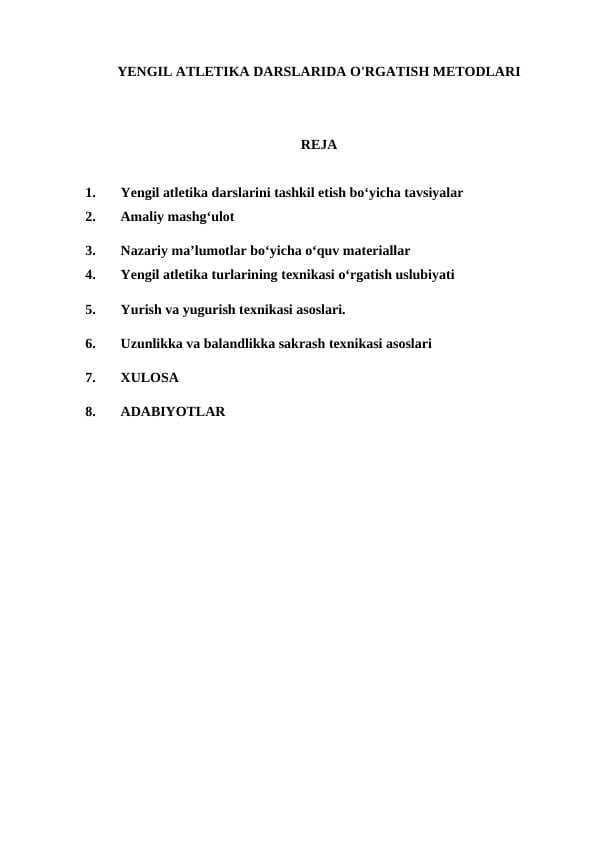 YENGIL ATLETIKA DARSLARIDA O'RGATISH METODLARI