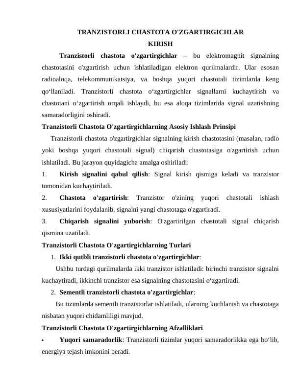 TRANZISTORLI CHASTOTA O'ZGARTIRGICHLAR
