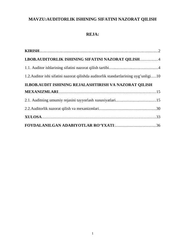 AUDITORLIK ISHINING SIFATINI NAZORAT QILISH