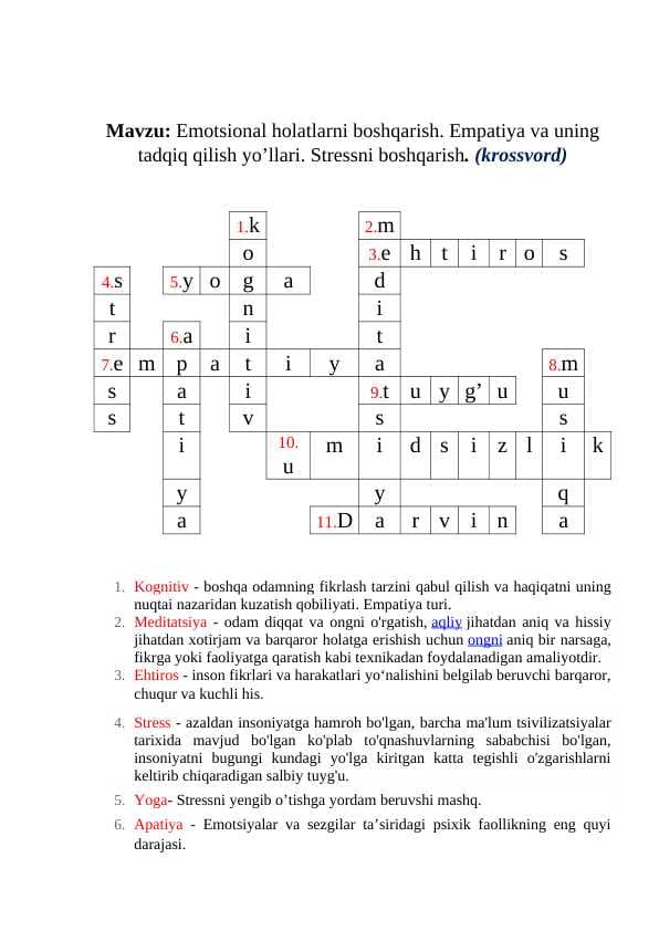 Emotsional holatlarni boshqarish.Stressni boshqarish (Krossvord)