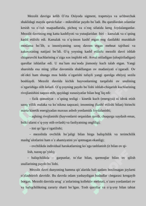Mezolit, davri lokal madaniyatlari.