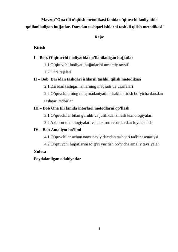 Ona tili o’qitish metodikasi fanida o’qituvchi faoliyatida qo’llaniladigan hujjatlar