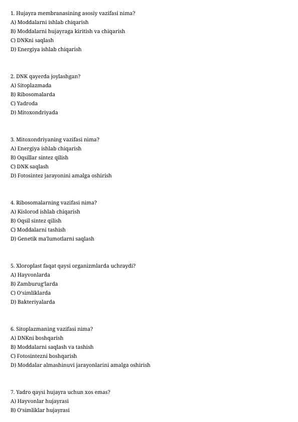 5-sinf biologiya va ekologiya test