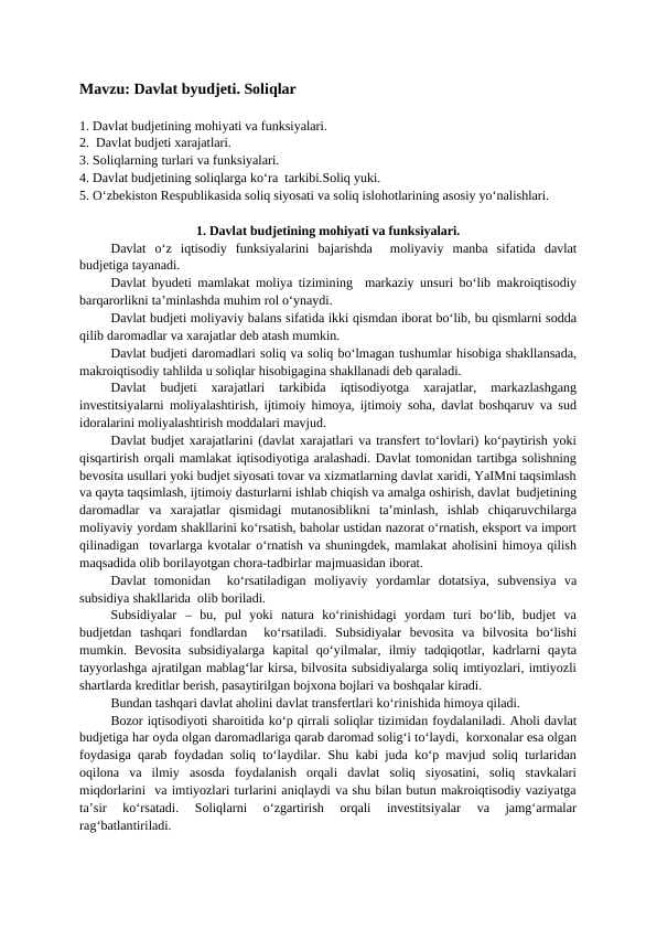 Davlat byudjeti. Soliqlar