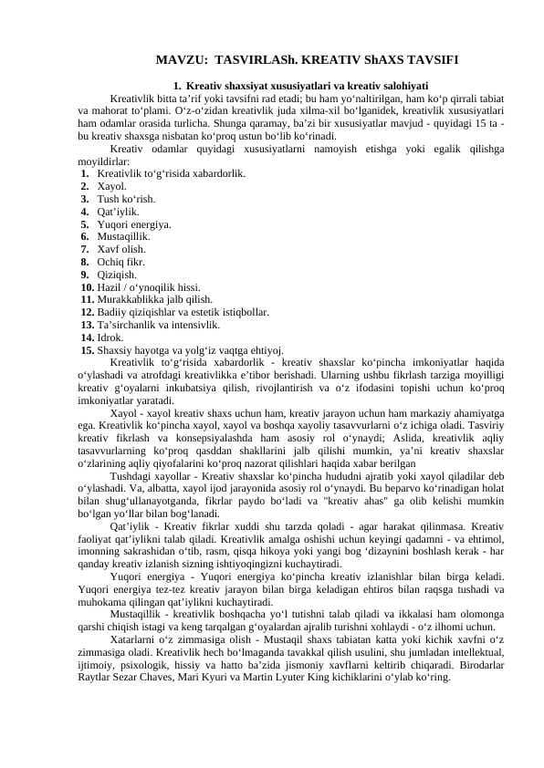 TASVIRLASh. KREATIV ShAXS TAVSIFI