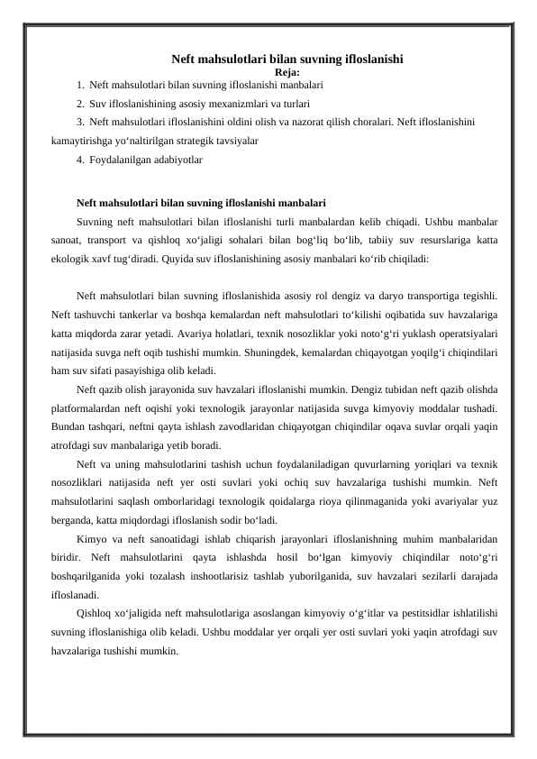 Neft mahsulotlari bilan suvning ifloslanishi