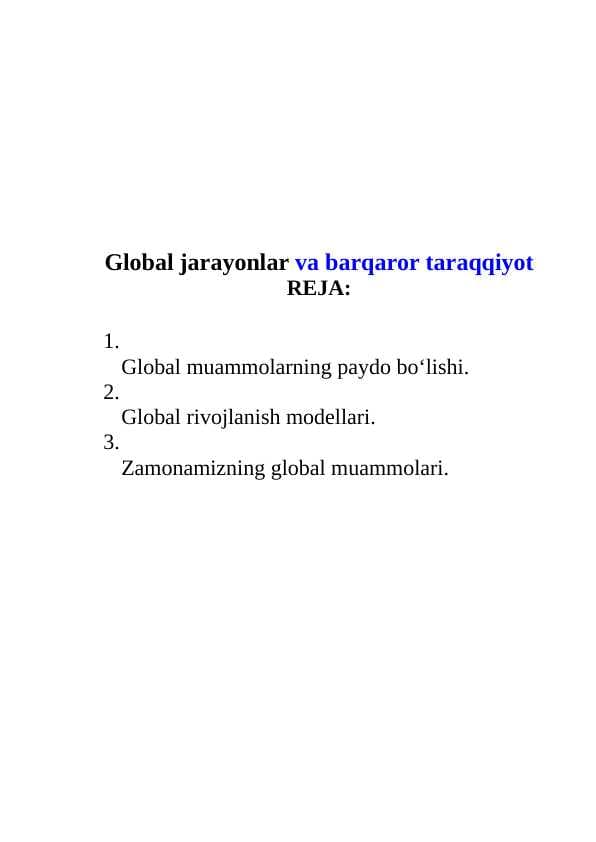 Global jarayonlar va barqaror taraqqiyot