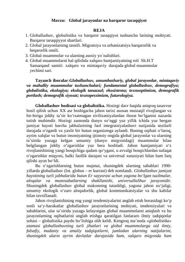 Global jarayonlar ва barqaror taraqqiyot