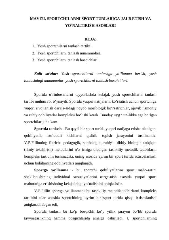 SPORTCHILARNI SPORT TURLARIGA JALB ETISH VA YOʻNALTIRISH ASOSLARI