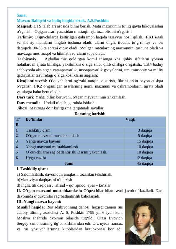 4-sinf o'qish Baliqchi va baliq haqida ertak. A.S.Pushkin dars ishlanma