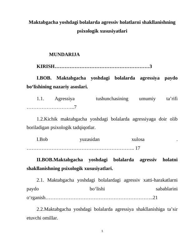 Maktabgacha yoshdagi bolalarda agressiv holatini shakllantirish