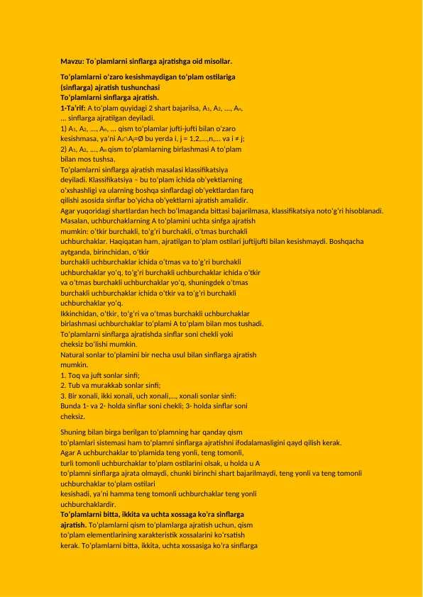To`plamlarni sinflarga ajratishga oid misollar.