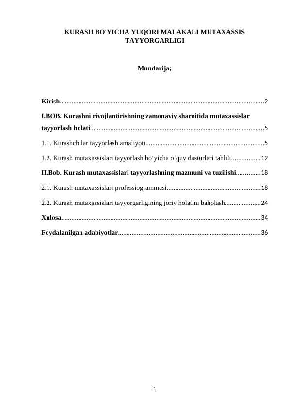 KURASH BO'YICHA YUQORI MALAKALI MUTAXASSIS TAYYORGARLIGI