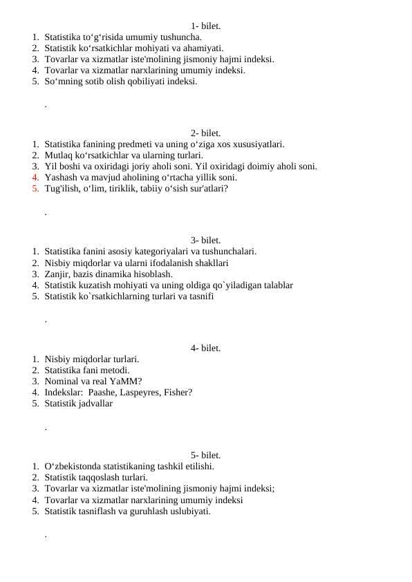 Statistika yakuniy nazorat savollari