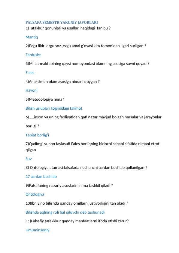 FALSAFA SEMESTR YAKUNIY TESTTI