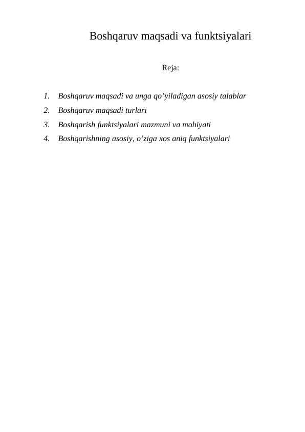 Boshqaruv maqsadi va funktsiyalari