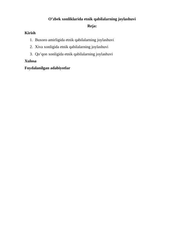 O’zbek xonliklarida etnik qabilalarning joylashuvi