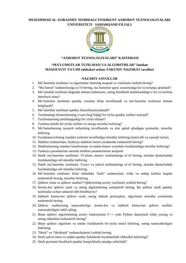 Malumotlar tuzilmasi va algoritmalar fanidan yakuniy