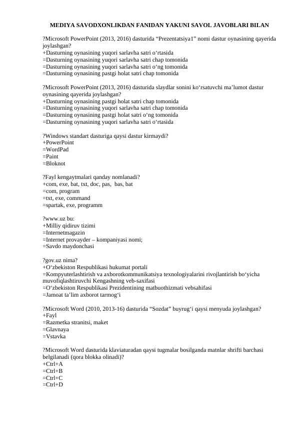 Mediya savodxonlikdan fanidan yakuni savol javoblari bilan