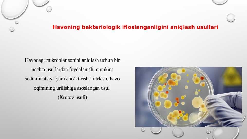 Havoning bakteriologik ifloslanganligini aniqlash usullari