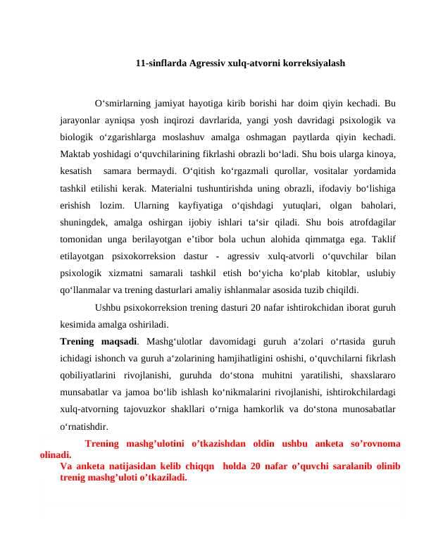 11-sinflarda Agressiv xulq-atvorni korreksiyalash