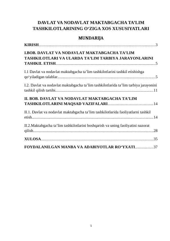 DAVLAT VA NODAVLAT MAKTABGACHA TA'LIM TASHKILOTLARINING O'ZIGA XOS XUSUSIYATLARI