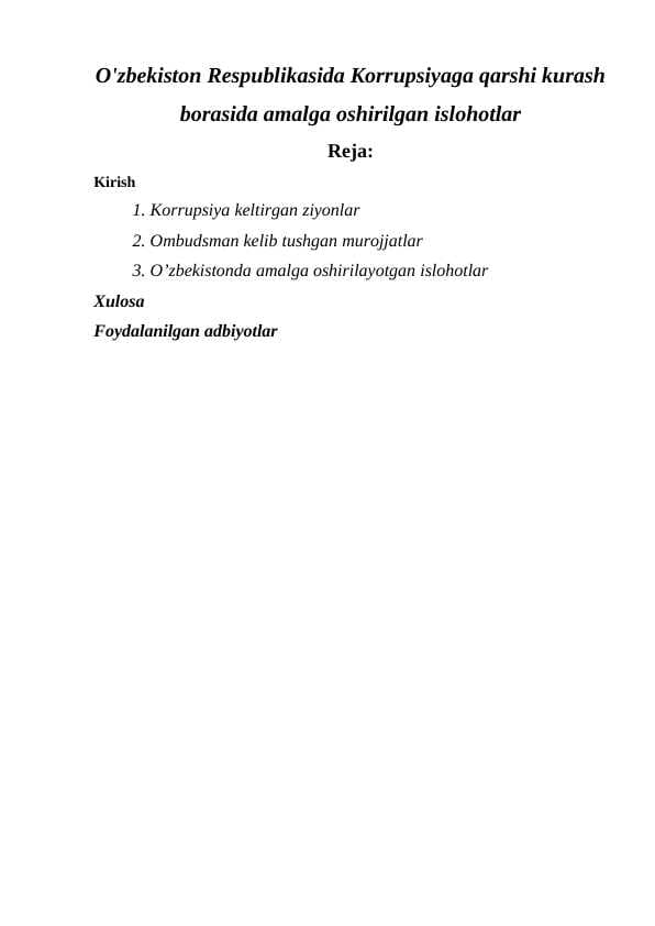 O'zbekiston Respublikasida Korrupsiyaga qarshi kurash borasida amalga oshirilgan islohotlar