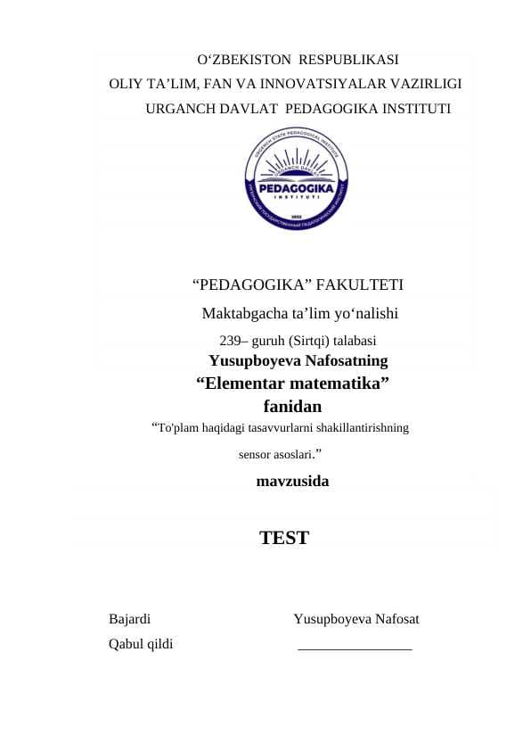 To'plam haqidagi tasavvurlarni shakillantirishning  sensor asoslari